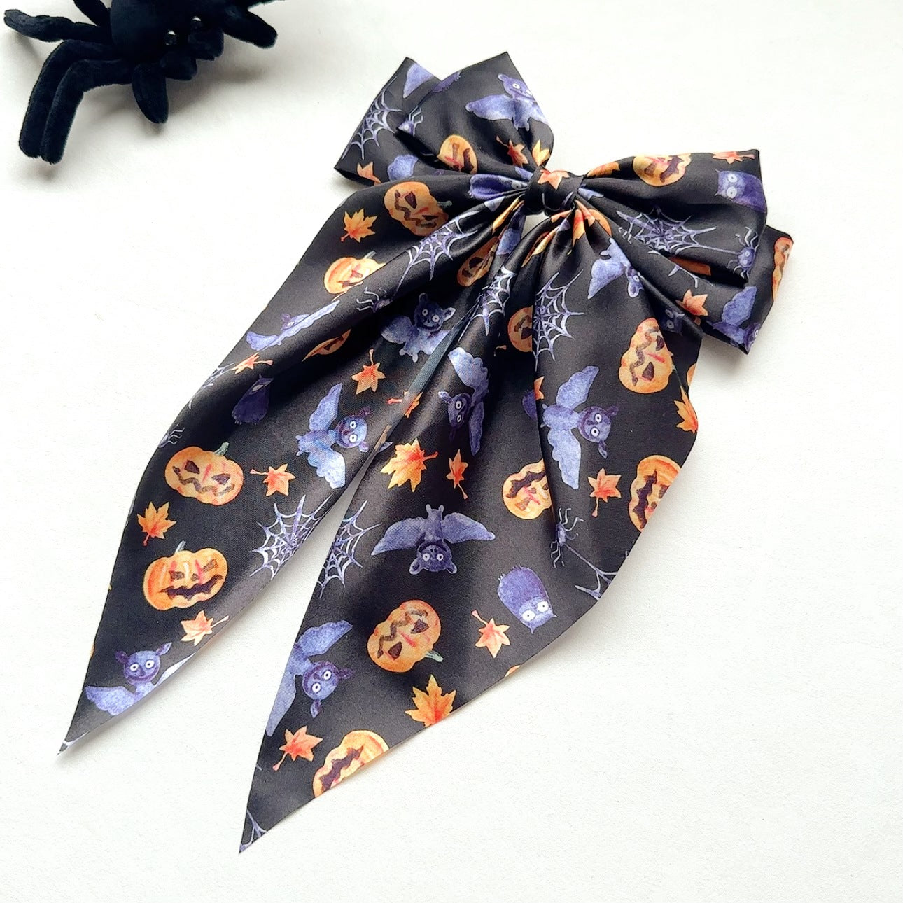 Wholesale Halloween Fabric Printed Pumpkin Head Ghost Spider Web Ribbon Hairpin